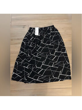 NEW Black Print Career Elastic Waist Pockets Midi Skirt L
